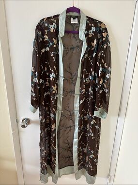 Women's Silk Floral Sheer Long Robe with Satin Trim